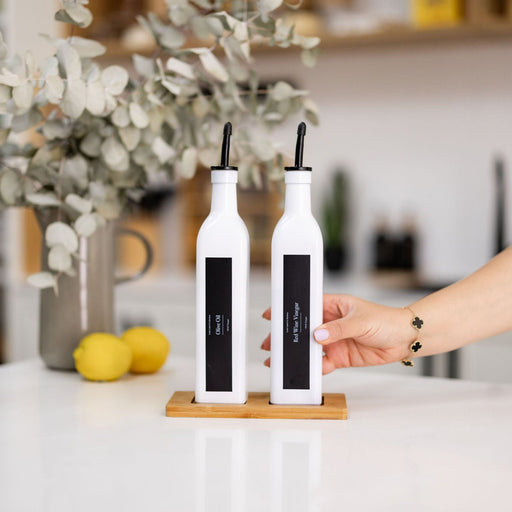 White Oil & Vinegar bottles with Bamboo tray - 500ml