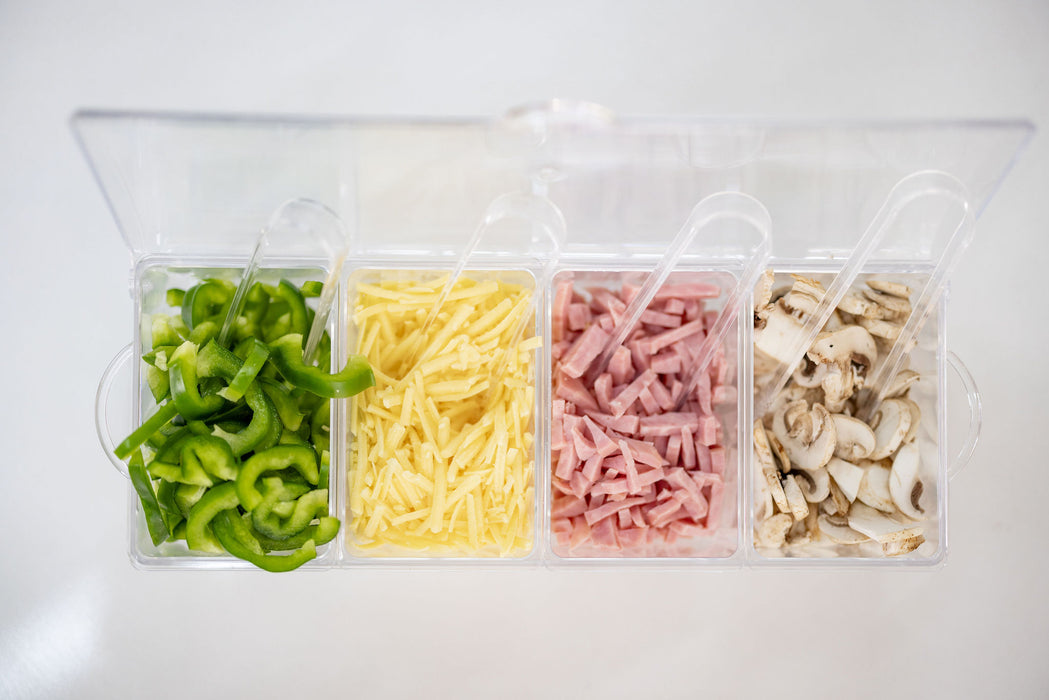 Condiment serving container with 4 inserts and tongs - Little Label Co The Home of Organisation For Kitchen, Bathroom, Laundry & More