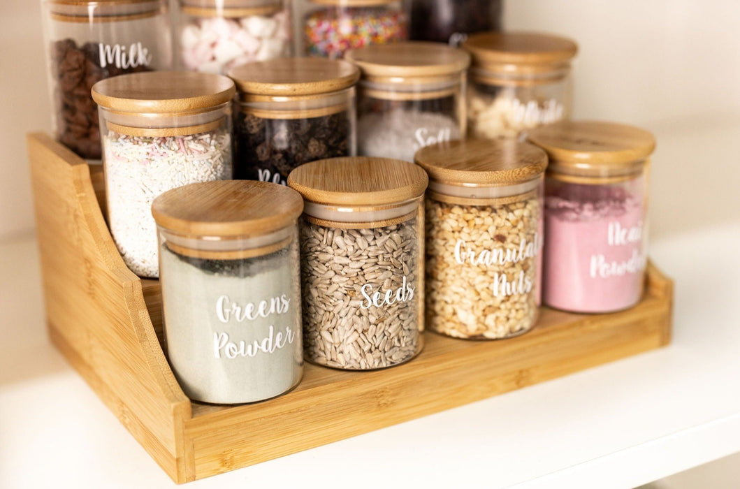 Large Bamboo Spice Shelf with 12 x 200ml Herb & Spice Jars Pack. Air tight herb and spice jar. Spice storage jars with spice rack. Bamboo spice rack for storing her and spice jars