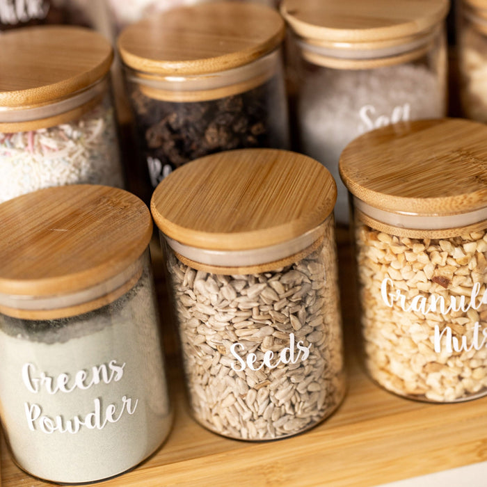 Pantry Container for herb and spice storage 200ml glass jar with bamboo lid. home organisation pantry jar for spice rack 