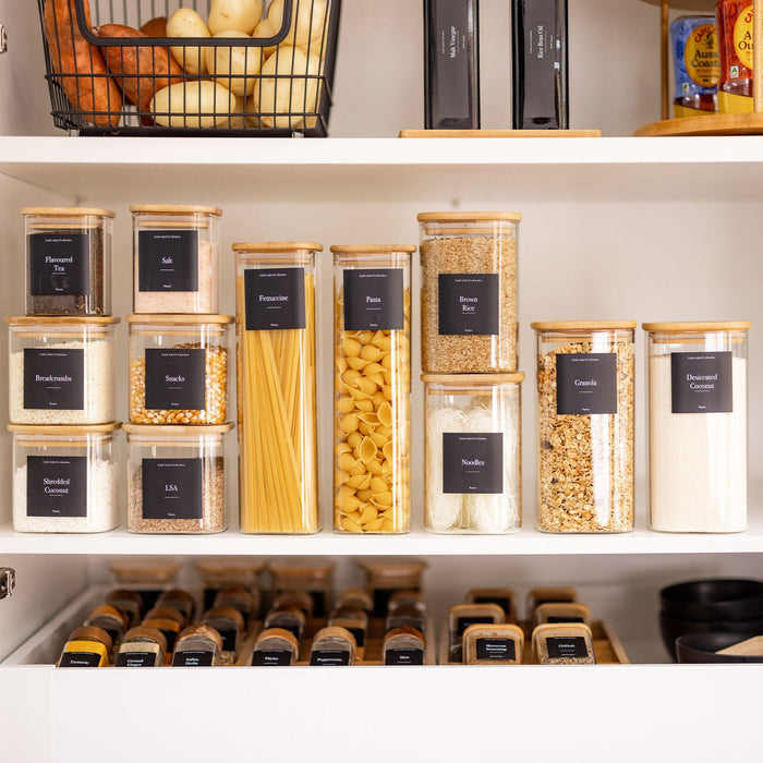 Square Bamboo Glass Pantry Pack for pantry organisation and food storage. Little Label Co Air Tight Containers for Pantry Organisation and Food Storage. 