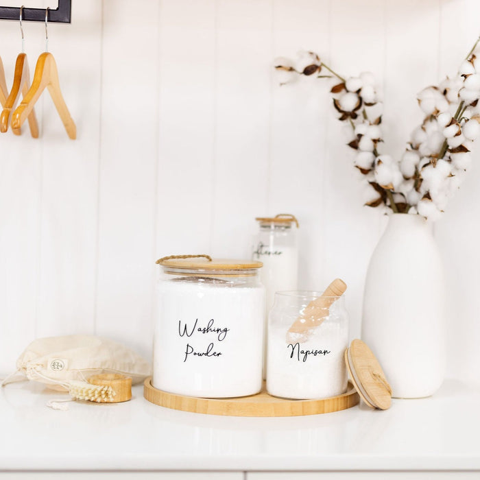 Bamboo and Glass 5 Piece Laundry Pack with Liquid Jar - Little Label Co - Laundry Detergent - Bamboo Storage Solutions, Glass jars with lids, storage containers, laundry storage ideas