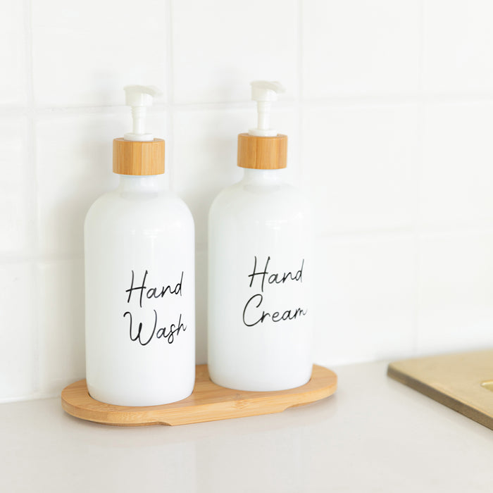 White Glass Pump Bottles with Bamboo Tray - 500ml - Little Label Co The Home of Organisation For Kitchen, Bathroom, Laundry & More