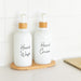 White Glass Pump Bottles with Bamboo Tray - 500ml - Little Label Co The Home of Organisation For Kitchen, Bathroom, Laundry & More