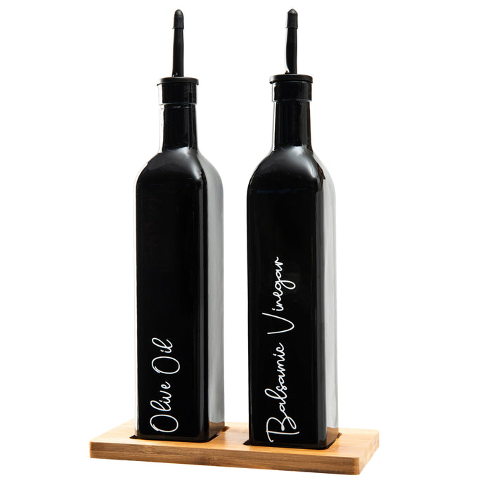 500ml Oil & Vinegar bottles with Bamboo tray BLACK - Little Label Co - Oil & Vinegar Dispensers - bundle,Catchoftheday,Kitchen Organisation,Oil & Vinegar Bottles,Pantry Organisation,Value Packs