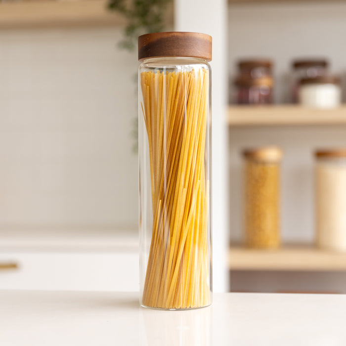 Acacia Wood Glass Pasta Jar - 1.2L - Little Label Co The Home of Organisation For Kitchen, Bathroom, Laundry & More