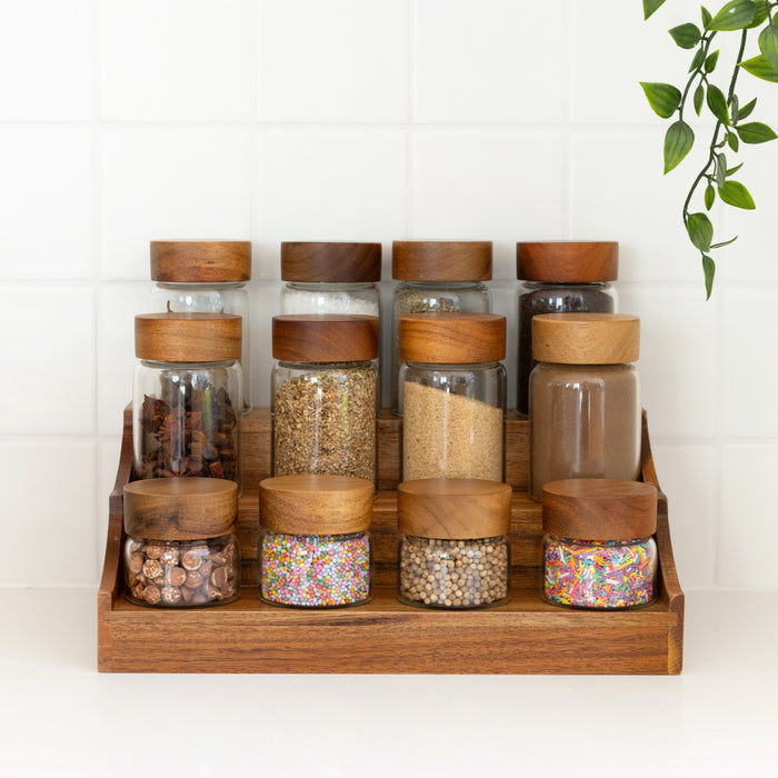 Acacia Spice Rack with 12 Screw Top Jars