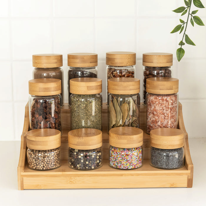 Bamboo Spice Rack with 12 Screw Top Jars
