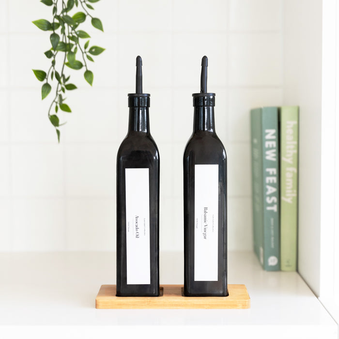 Black Oil & Vinegar bottles with Bamboo tray - 500ml - Little Label Co The Home of Organisation For Kitchen, Bathroom, Laundry & More
