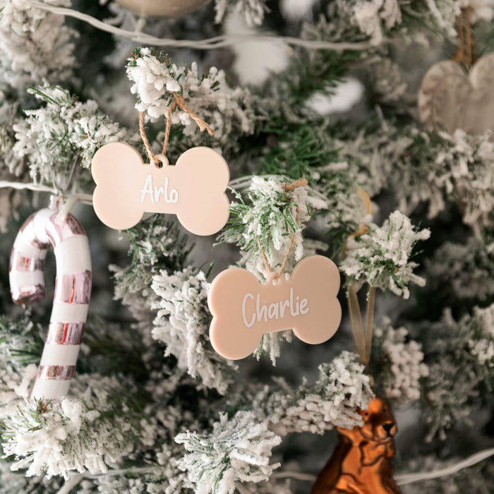 Personalised Christmas Dog Bone Acrylic Baubles Beige (with label) - Little Label Co Australia - The Home of Organisation For Kitchen, Bathroom, Laundry & More