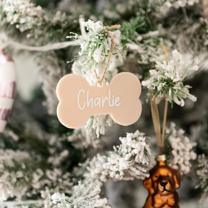 Personalised Christmas Dog Bone Acrylic Baubles Beige (with label) - Little Label Co Australia - The Home of Organisation For Kitchen, Bathroom, Laundry & More