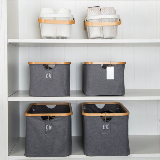 Dark Grey Linen Storage Basket and White Mesh Handy Basket - 6 Set - Little Label Co The Home of Organisation For Kitchen, Bathroom, Laundry & More