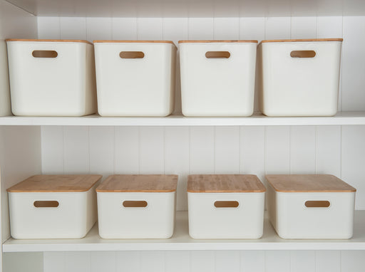White Storage Container with Bamboo Lid - 8 Pack - Little Label Co The Home of Organisation For Kitchen, Bathroom, Laundry & More