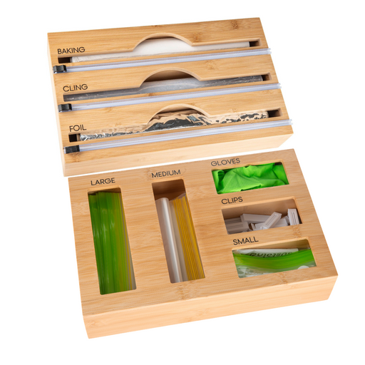 Bamboo Food Wrap Dispenser 3 Inserts & Sandwich Bag Organiser Pack - Little Label Co The Home of Organisation For Kitchen, Bathroom, Laundry & More
