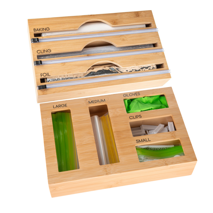 Bamboo Food Wrap Dispenser 3 Inserts & Sandwich Bag Organiser Pack - Little Label Co The Home of Organisation For Kitchen, Bathroom, Laundry & More
