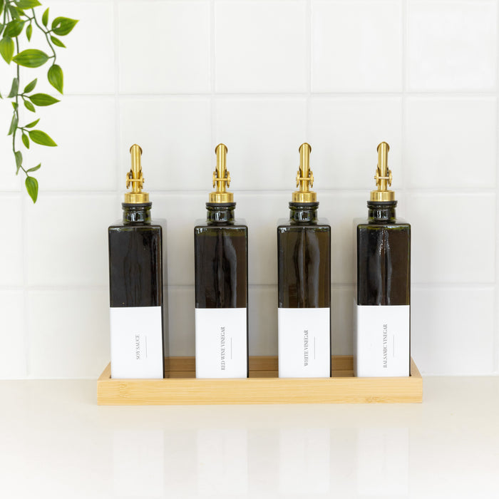 Green Oil & Vinegar Book Bottles with Bamboo Tray - 4 Pack - Little Label Co Australia - The Home of Organisation For Kitchen, Bathroom, Laundry & More