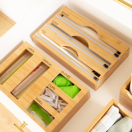 Bamboo Food Wrap Dispenser 3 Inserts & Sandwich Bag Organiser Pack - Little Label Co The Home of Organisation For Kitchen, Bathroom, Laundry & More