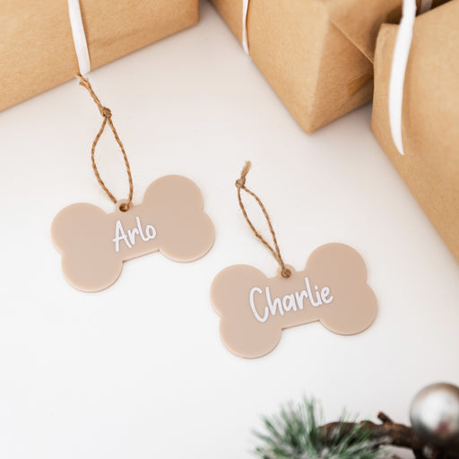 Personalised Christmas Dog Bone Acrylic Baubles Beige (with label) - Little Label Co Australia - The Home of Organisation For Kitchen, Bathroom, Laundry & More