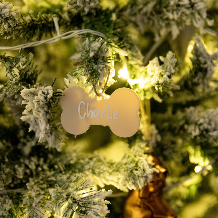 Personalised Christmas Dog Bone Acrylic Baubles Beige (with label) - Little Label Co Australia - The Home of Organisation For Kitchen, Bathroom, Laundry & More