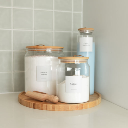 Bamboo and Glass 5 Piece Laundry Pack with Liquid Jar - Little Label Co The Home of Organisation For Kitchen, Bathroom, Laundry & More