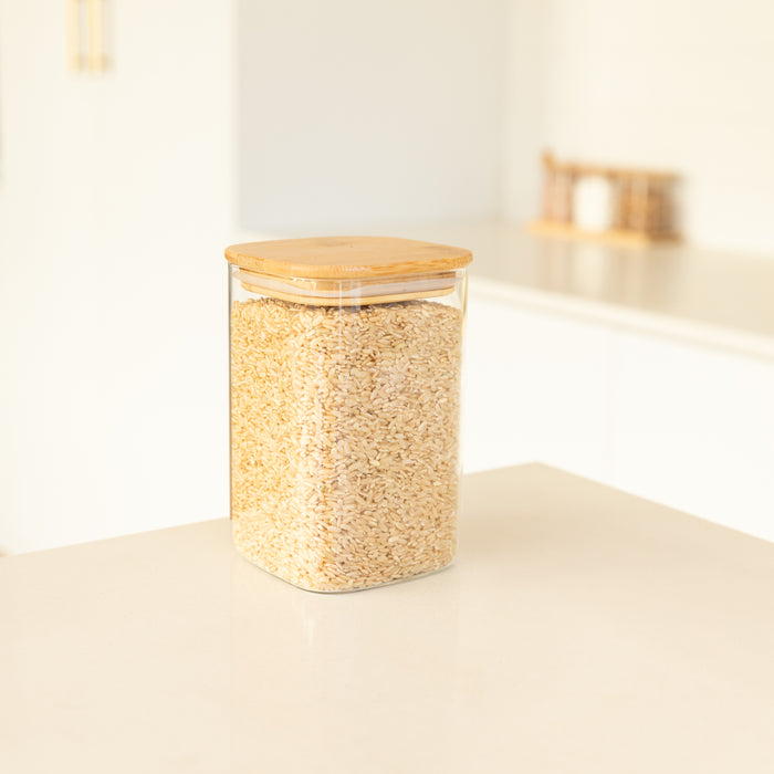 Square Glass and Bamboo Storage Jar - 1.25L - Little Label Co The Home of Organisation For Kitchen, Bathroom, Laundry & More