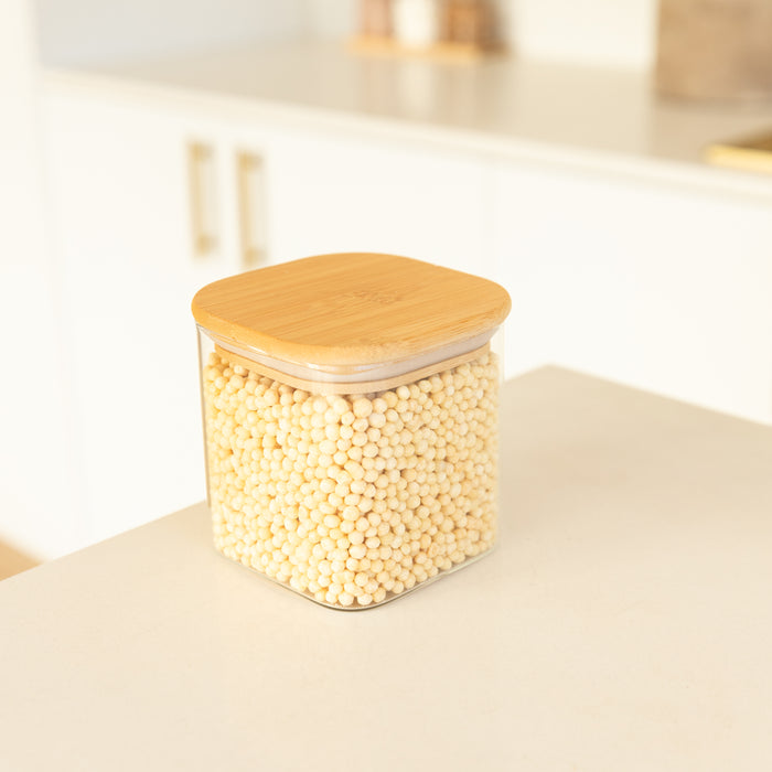 Square Glass and Bamboo Storage Jar - 750ml - Little Label Co The Home of Organisation For Kitchen, Bathroom, Laundry & More