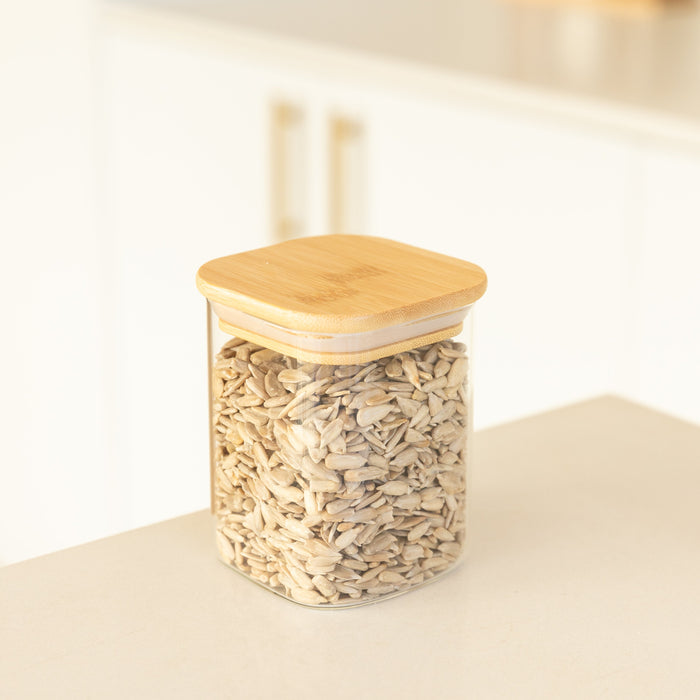Square Glass and Bamboo Storage Jar - 500ml - Little Label Co The Home of Organisation For Kitchen, Bathroom, Laundry & More
