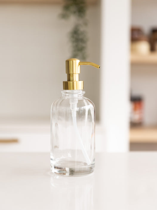 500ml Clear Glass Pump Bottle with Gold Pump - Little Label Co The Home of Organisation For Kitchen, Bathroom, Laundry & More