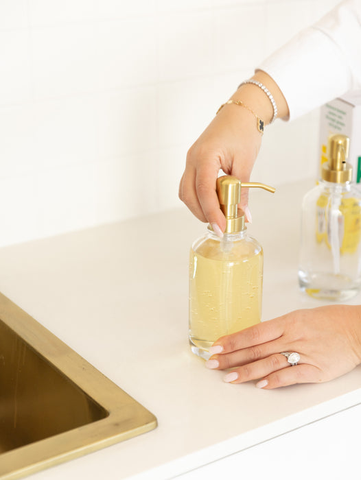 500ml Clear Glass Pump Bottle with Gold Pump - Little Label Co The Home of Organisation For Kitchen, Bathroom, Laundry & More