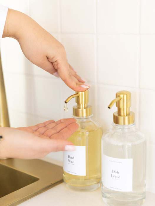 500ml Clear Glass Pump Bottle with Gold Pump - Little Label Co The Home of Organisation For Kitchen, Bathroom, Laundry & More