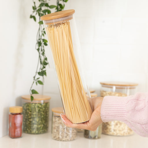 Tall Bamboo Glass Storage Jar - 1.2L - Little Label Co The Home of Organisation For Kitchen, Bathroom, Laundry & More