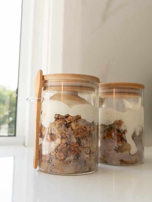 Bamboo Glass Jar with Spoon - 500ml - Little Label Co The Home of Organisation For Kitchen, Bathroom, Laundry & More