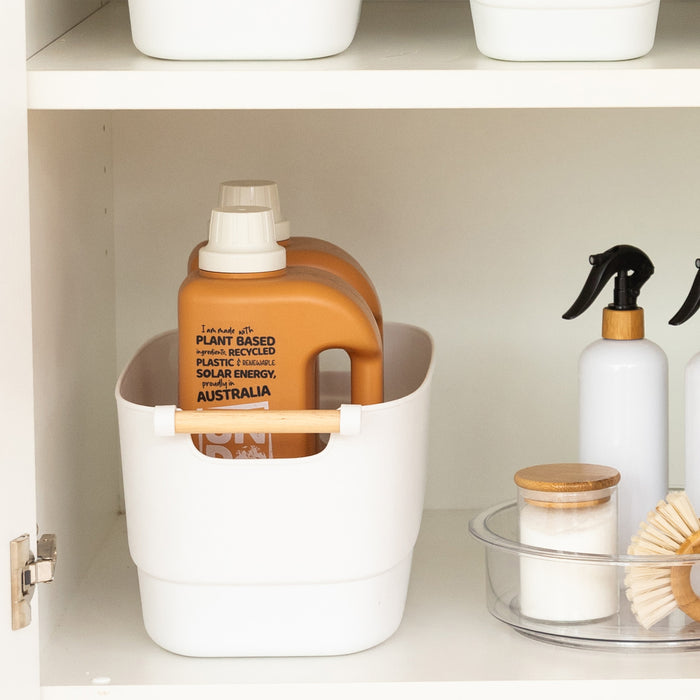 Large White Storage Tub with Wooden Handle - Little Label Co The Home of Organisation For Kitchen, Bathroom, Laundry & More