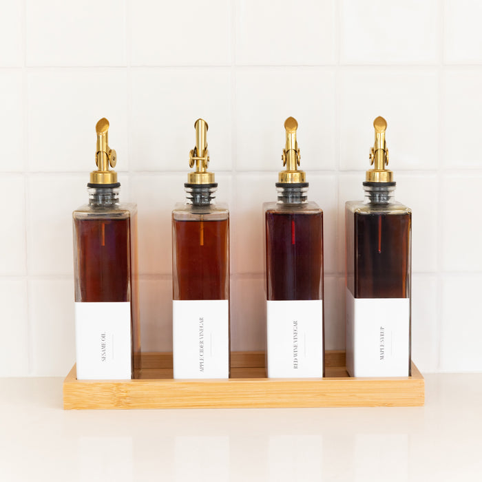Oil & Vinegar Book Bottles with Bamboo Tray - 4 Pack - Little Label Co Australia - The Home of Organisation For Kitchen, Bathroom, Laundry & More