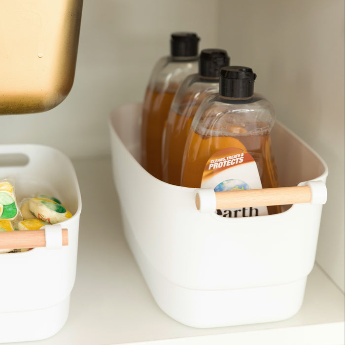 Medium White Storage Tub with Wooden Handle - Little Label Co The Home of Organisation For Kitchen, Bathroom, Laundry & More