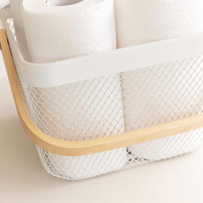 White Small Handy Storage Basket with Wooden Handle