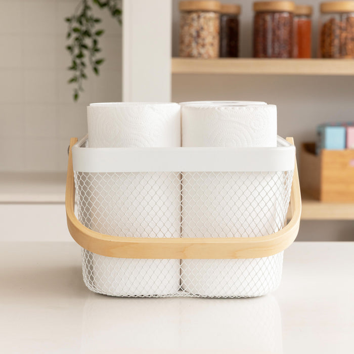 White Small Handy Storage Basket with Wooden Handle