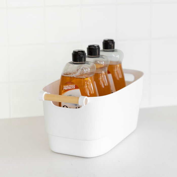 Medium White Storage Tub with Wooden Handle - Little Label Co The Home of Organisation For Kitchen, Bathroom, Laundry & More