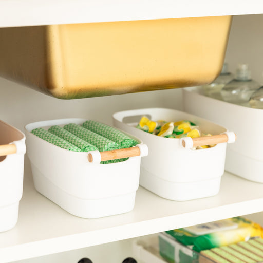 Small White Storage Tub with Wooden Handle - Little Label Co The Home of Organisation For Kitchen, Bathroom, Laundry & More