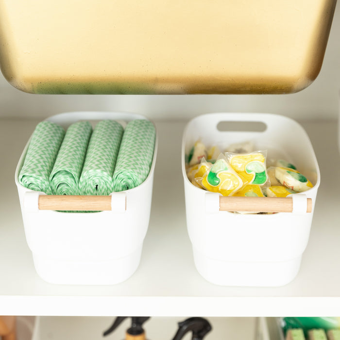 Small White Storage Tub with Wooden Handle - Little Label Co The Home of Organisation For Kitchen, Bathroom, Laundry & More