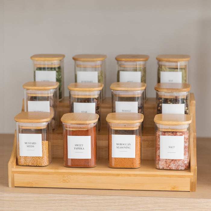 Bamboo Spice Rack with Square Herb & Spice Jars Large Pack - Little Label Co The Home of Organisation For Kitchen, Bathroom, Laundry & More