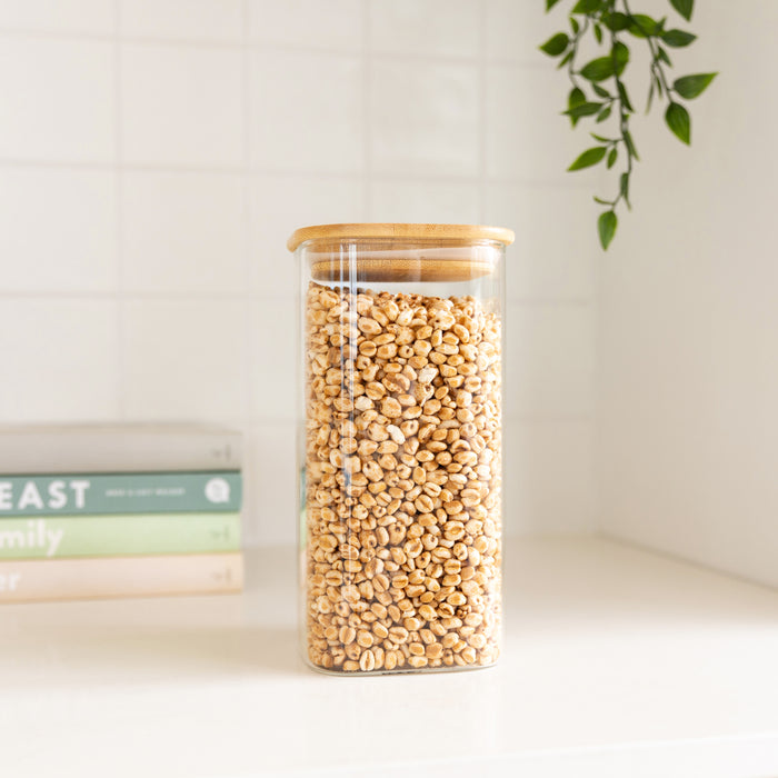 Square Glass and Bamboo Storage Jar - 1.75L - Little Label Co The Home of Organisation For Kitchen, Bathroom, Laundry & More