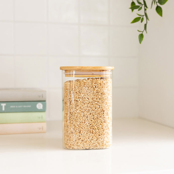 Square Glass and Bamboo Storage Jar - 1.25L - Little Label Co The Home of Organisation For Kitchen, Bathroom, Laundry & More