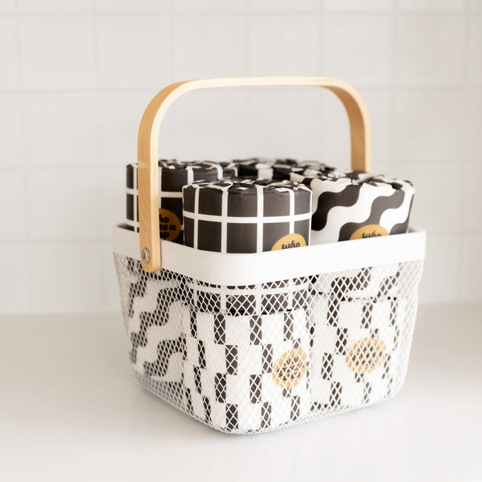 White Small Handy Storage Basket with Wooden Handle - Little Label Co The Home of Organisation For Kitchen, Bathroom, Laundry & More