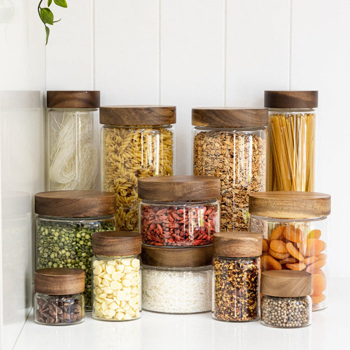 Acacia Wood Glass Jar 2L - Little Label Co - - 30%, Acacia Storage Jars, Acacia Wood, Food Storage Containers, Glass Storage, Kitchen Organisation, Pantry Organisation