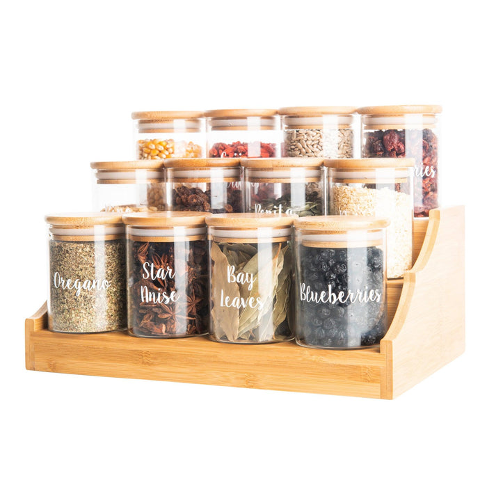 Large Bamboo Spice Shelf with 12 x 200ml Herb & Spice Jars Pack. Air tight herb and spice jar. Spice storage jars with spice rack. Bamboo spice rack for storing her and spice jars