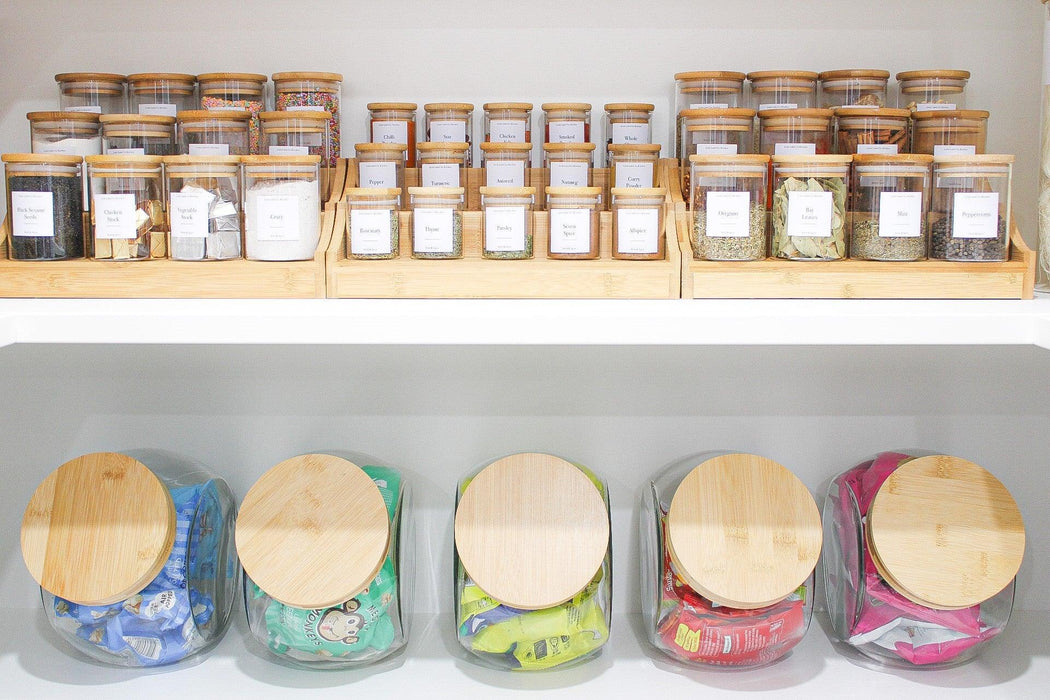 Large Bamboo Spice Shelf with 12 x 200ml Herb & Spice Jars Pack. Air tight herb and spice jar. Spice storage jars with spice rack. Bamboo spice rack for storing her and spice jars
