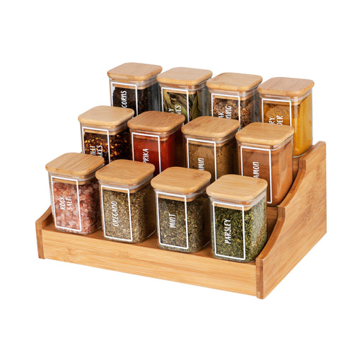 Bamboo Spice Rack with Square Herb & Spice Jars Large Pack - Little Label Co The Home of Organisation For Kitchen, Bathroom, Laundry & More