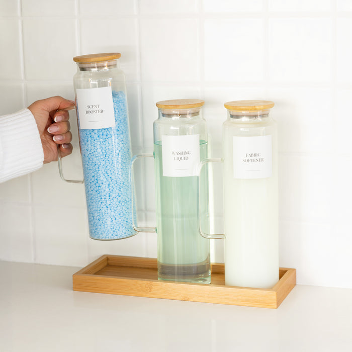 Bamboo and Glass 4 Piece Laundry Liquid Pack - Little Label Co The Home of Organisation For Kitchen, Bathroom, Laundry & More
